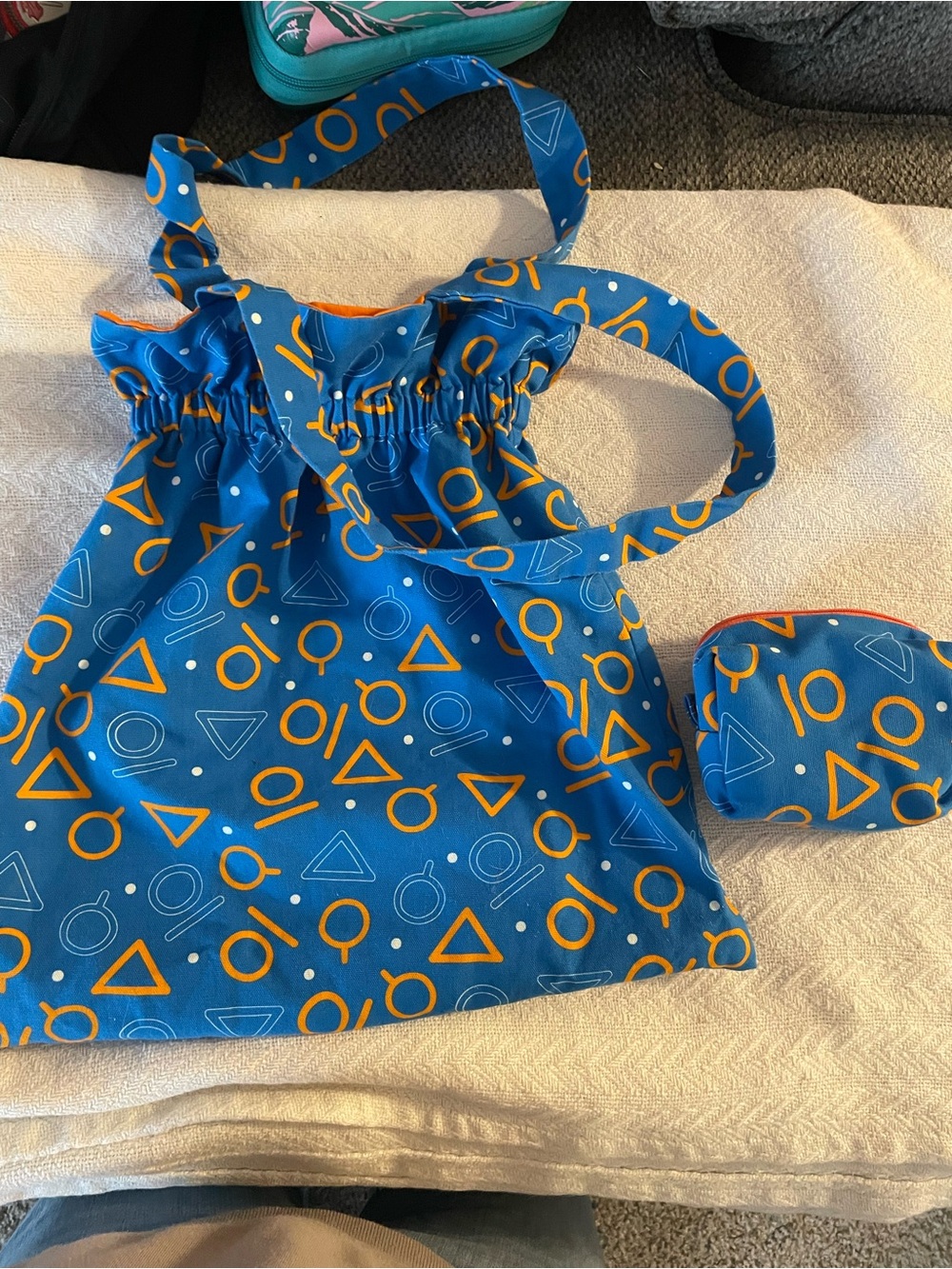 Kids Blue Geometric Drawstring Tote with Orange Accents and Coin Pouch